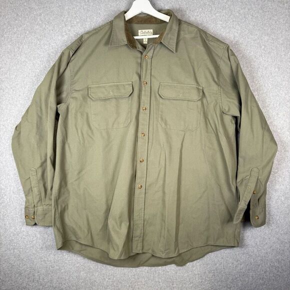 Cabelas Mens Size 2X Tall Button Front Shirt Olive Green Long Sleeve Pockets - Picture 1 of 8